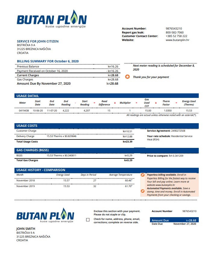 Croatia BUTAN PLIN d.o.o. gas utility bill